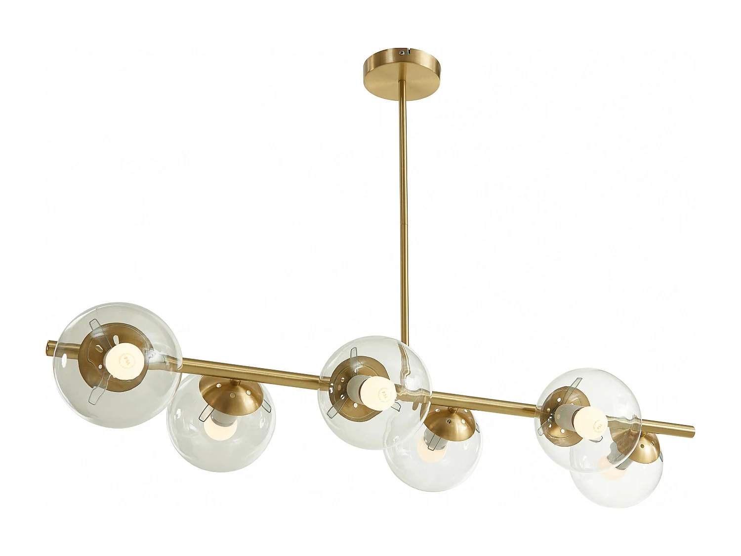 Lampadario L. 128 cm in Ottone spazzolato e 6 globi di Vetro - YUKON