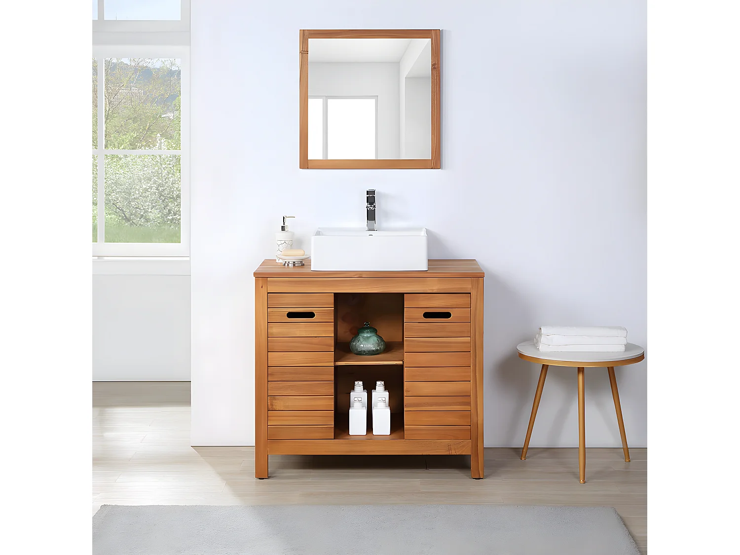 Espejo cuadrado con borde de madera de acacia - 60 x 60 cm - SEPANG