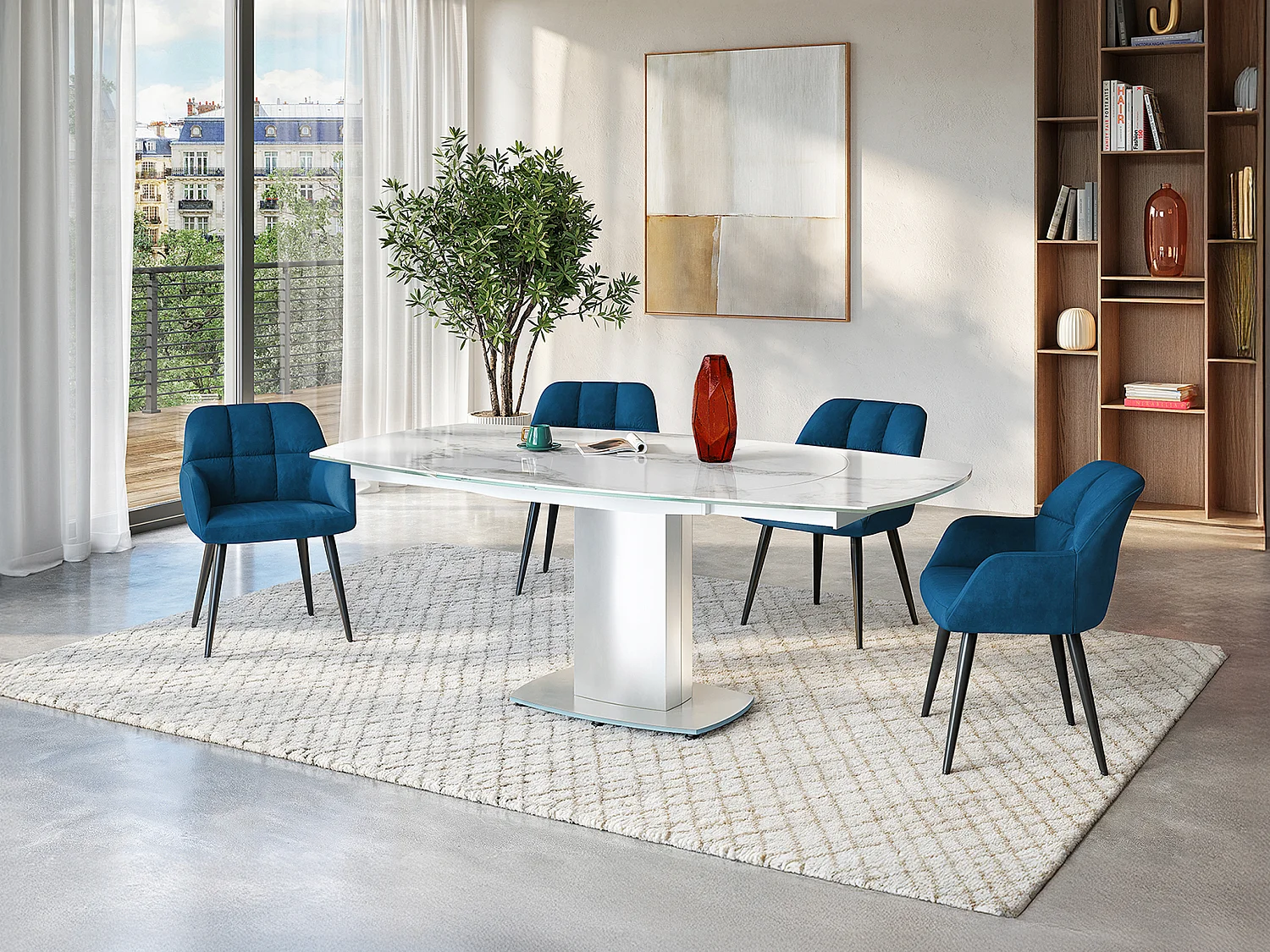 Ensemble table TALICIA + 4 Chaises PEGA - Blanc et bleu