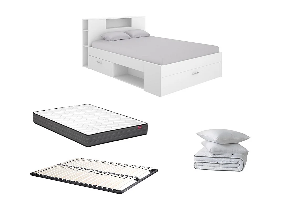 Seng med opbevaring 140 x 190 cm - Hvid + Madras + Sengeramme + Dyne + Puder - LEANDRE