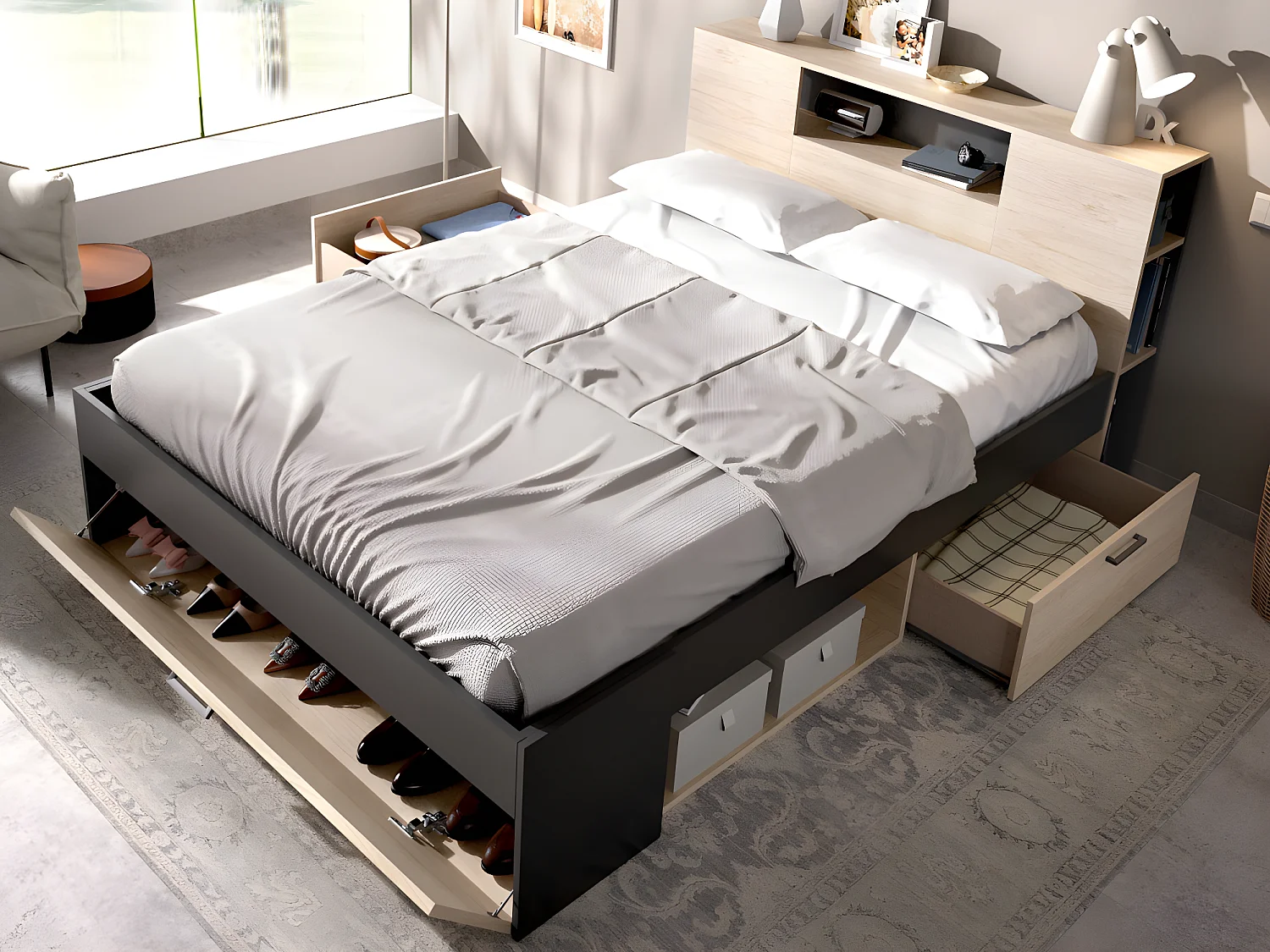 Seng med opbevaring og opbevaring 140 x 150 x 190 cm - Naturel og antracitgrå + Madras + Madras + Madrafts + Madraftsaffel + Madresentafoths + Oreliller - LEANDRE