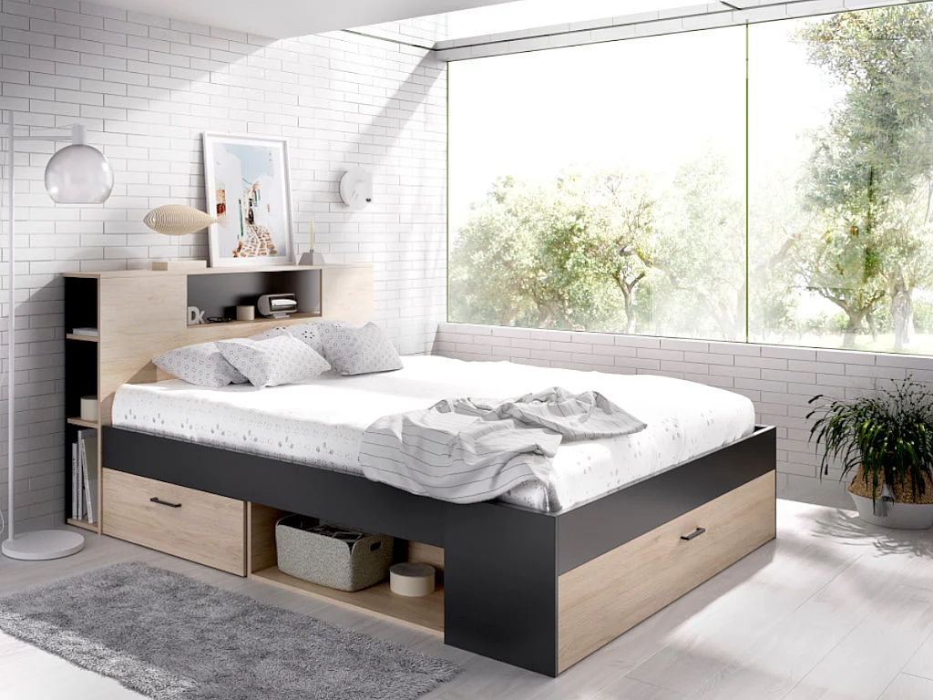 Seng med opbevaring og opbevaring 140 x 150 x 190 cm - Naturel og antracitgrå + Madras + Madras + Madrafts + Madraftsaffel + Madresentafoths + Oreliller - LEANDRE