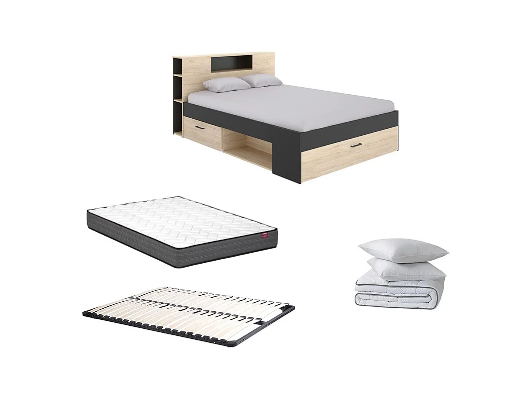 Sparset: Bett 140 x 190 cm + Matratze + Lattenrost + Bettdecke + 2 Kopfkissen - Anthrazit & Naturfarben - LEANDRE