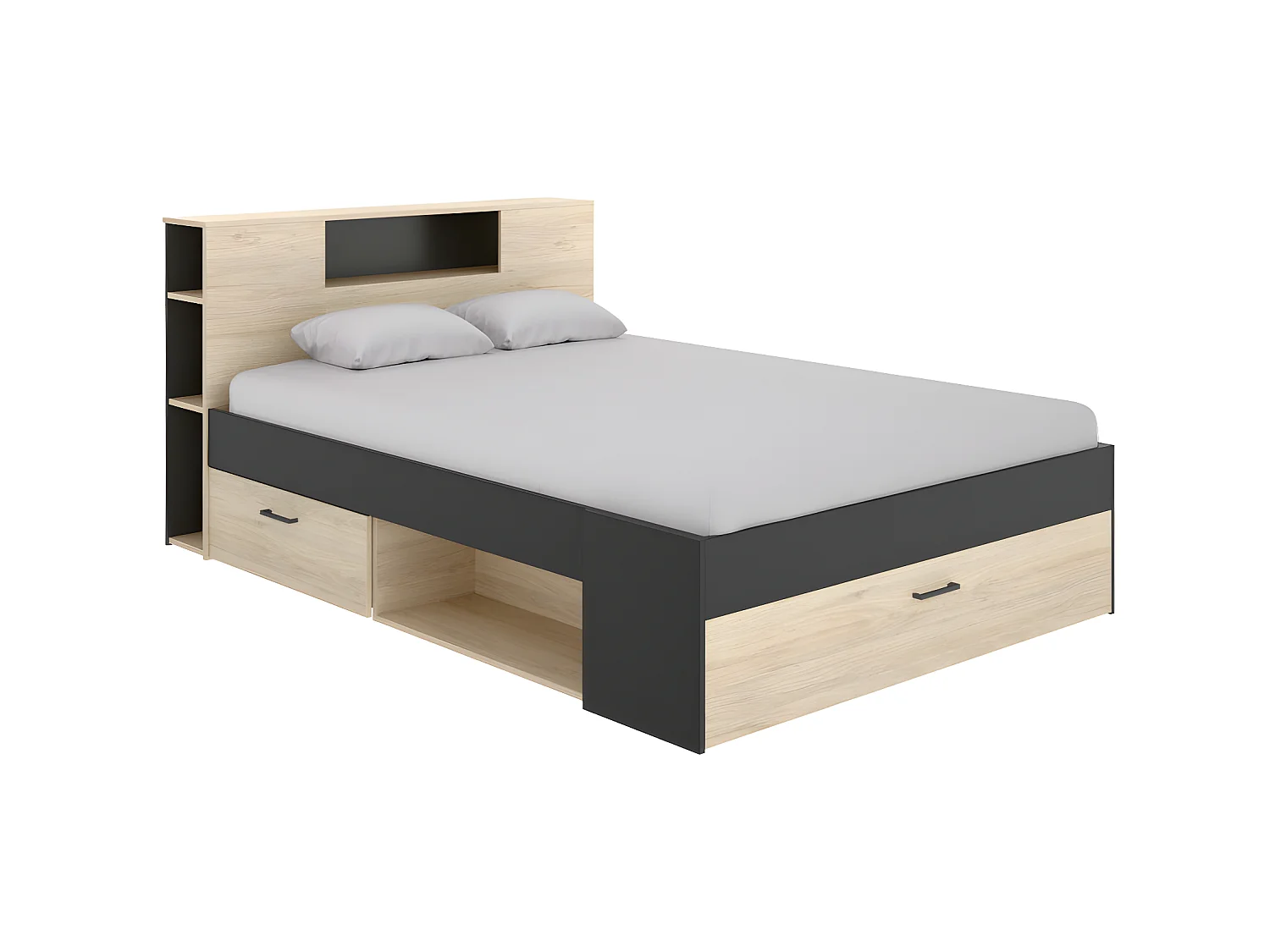 Sparset: Bett 140 x 190 cm + Matratze + Lattenrost + Bettdecke + 2 Kopfkissen - Anthrazit & Naturfarben - LEANDRE