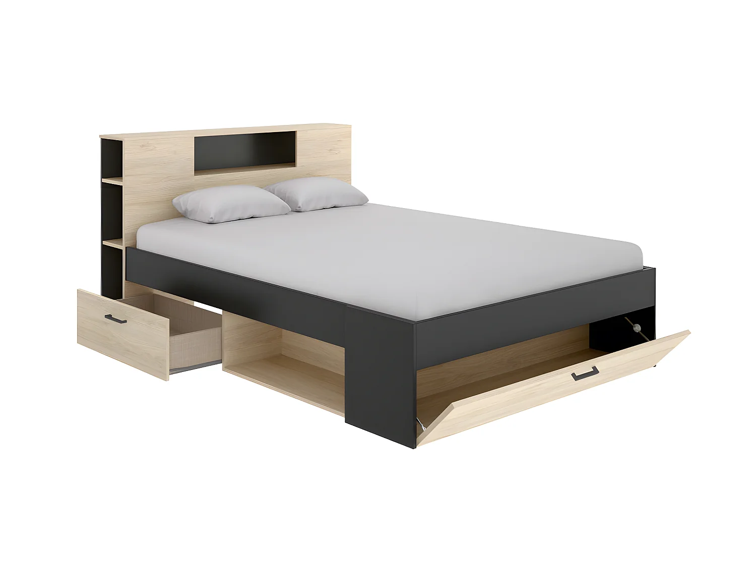 Sparset: Bett 140 x 190 cm + Matratze + Lattenrost + Bettdecke + 2 Kopfkissen - Anthrazit & Naturfarben - LEANDRE