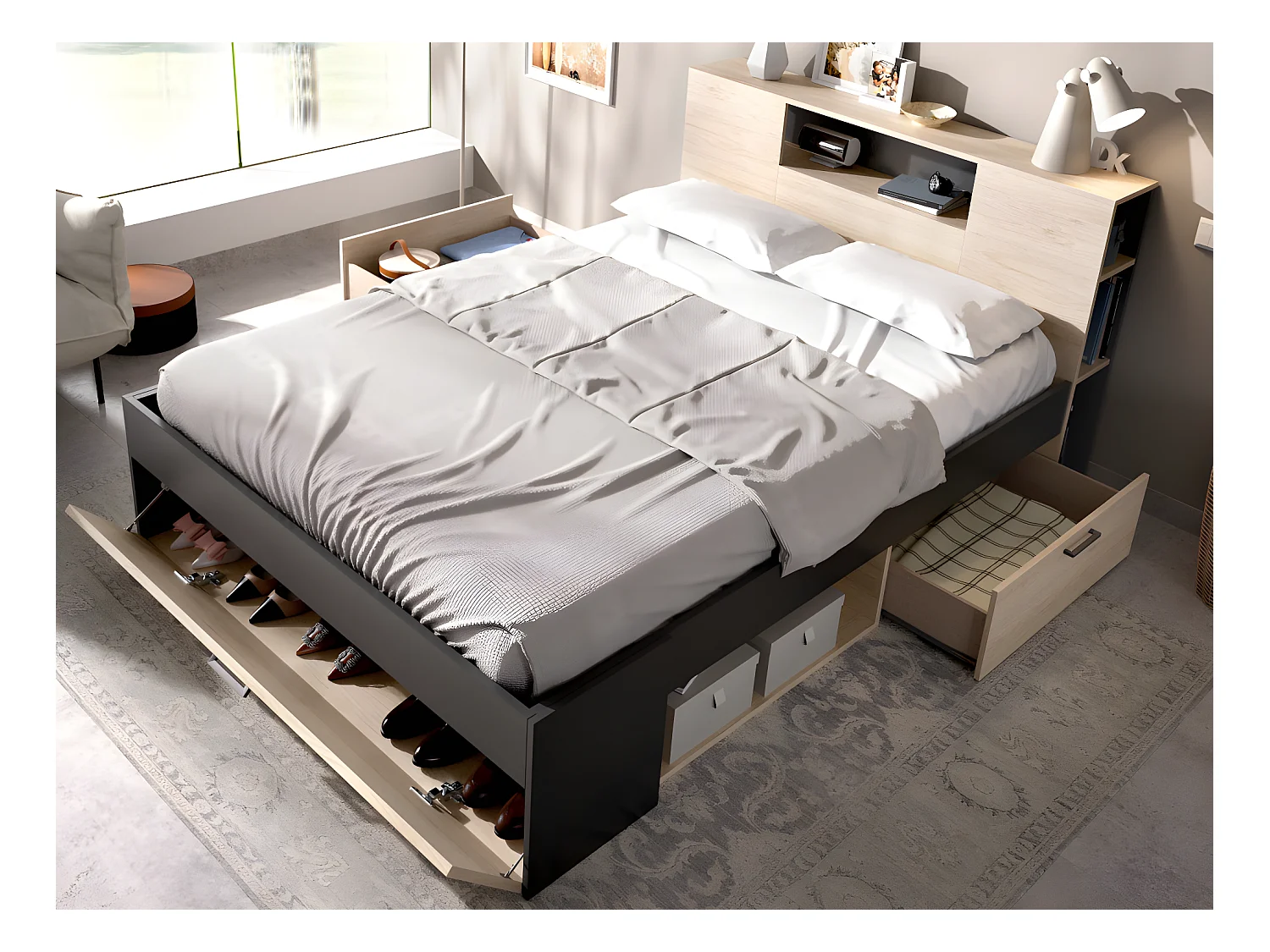 Sparset: Bett 140 x 190 cm + Matratze + Lattenrost + Bettdecke + 2 Kopfkissen - Anthrazit & Naturfarben - LEANDRE