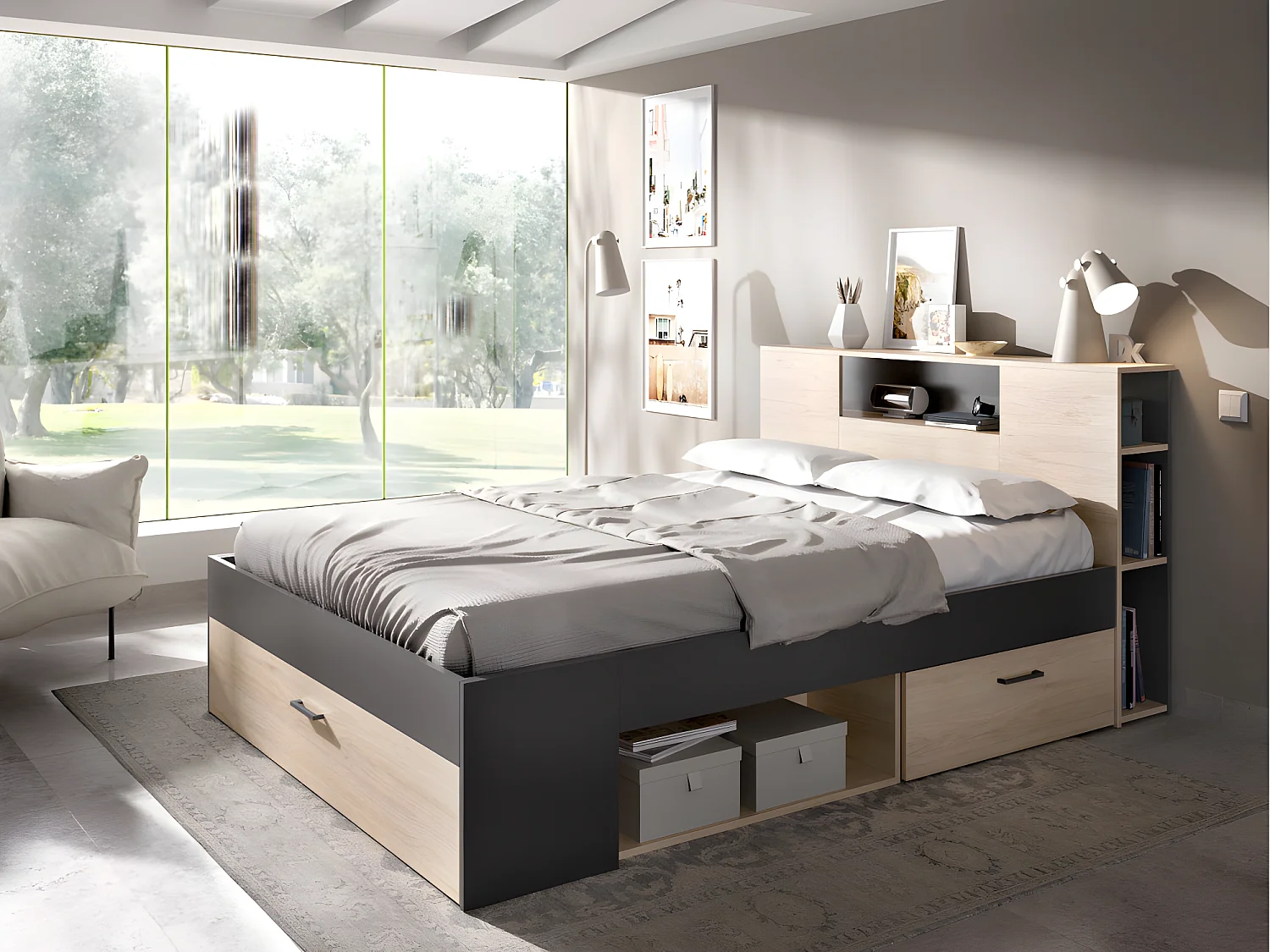 Sparset: Bett 140 x 190 cm + Matratze + Lattenrost + Bettdecke + 2 Kopfkissen - Anthrazit & Naturfarben - LEANDRE