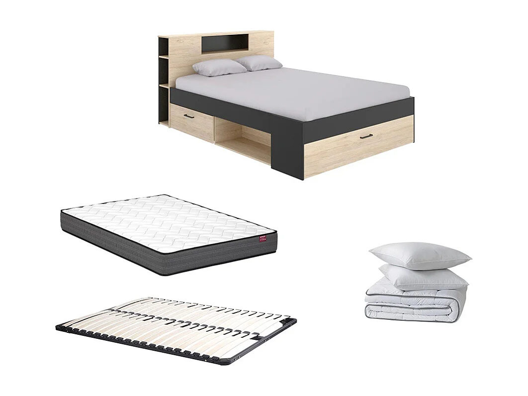 Cama LEANDRE - 140 x 190 cm - roble y antracita + colchón + somier + 2 almohadas + edredón