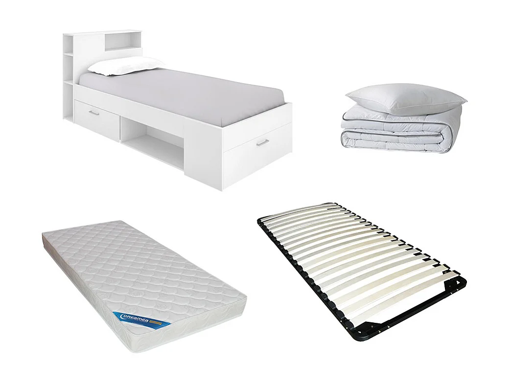 Seng med opbevaring 90 x 190 cm - Hvid + Madras + Sengeramme + Dyne + Pude - LEANDRE