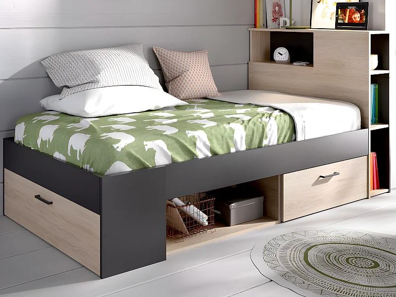 Seng med opbevaring 90 x 190 cm - Naturlig og antracit + Madras + Sengebund + Dyne + Pude - LEANDRE