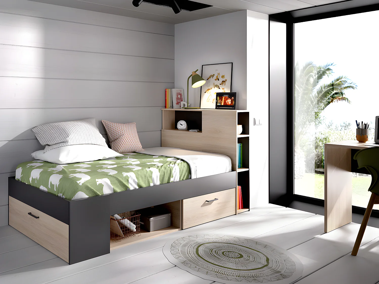 Set "kinderkamer" LEANDRE: Bed 90x190cm (eiken & antraciet) + matras + bedbodem + 1 hoofdkussen + dekbed