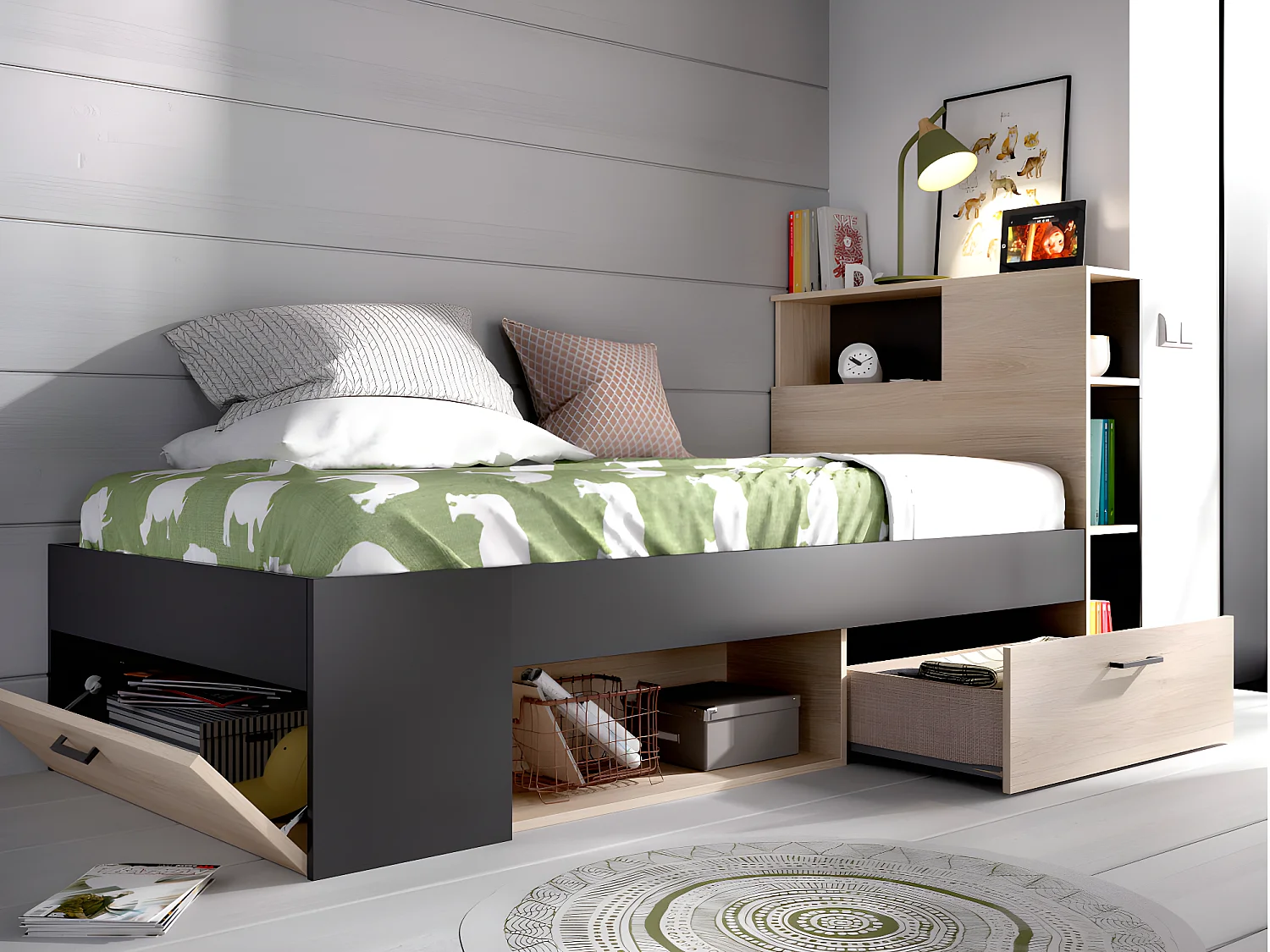 Lit avec rangements 90 x 190 cm - Naturel et anthracite + Matelas + Sommier + Couette + Oreiller - LEANDRE