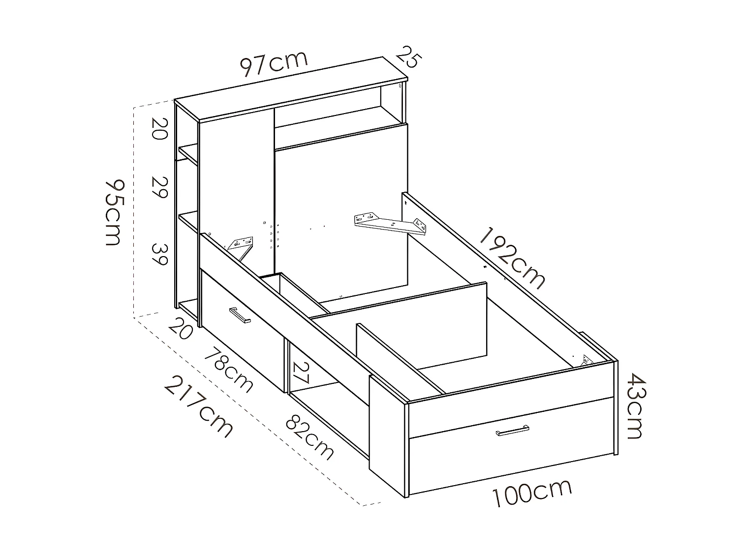Lit avec rangements 90 x 190 cm - Naturel et anthracite + Matelas + Sommier + Couette + Oreiller - LEANDRE