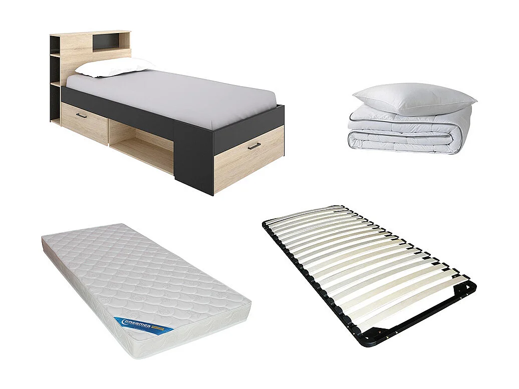 Lit avec rangements 90 x 190 cm - Naturel et anthracite + Matelas + Sommier + Couette + Oreiller - LEANDRE
