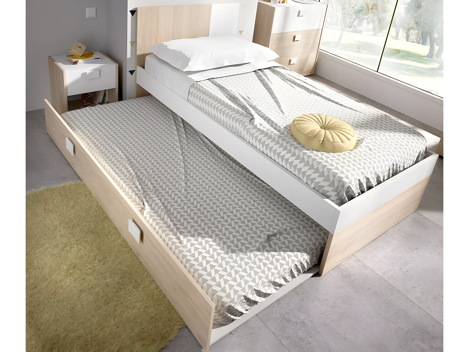 Set "kinderkamer" SONIA: Uitschuifbed 90x190cm + nachtkastje + kast - Eikenkleur en wit