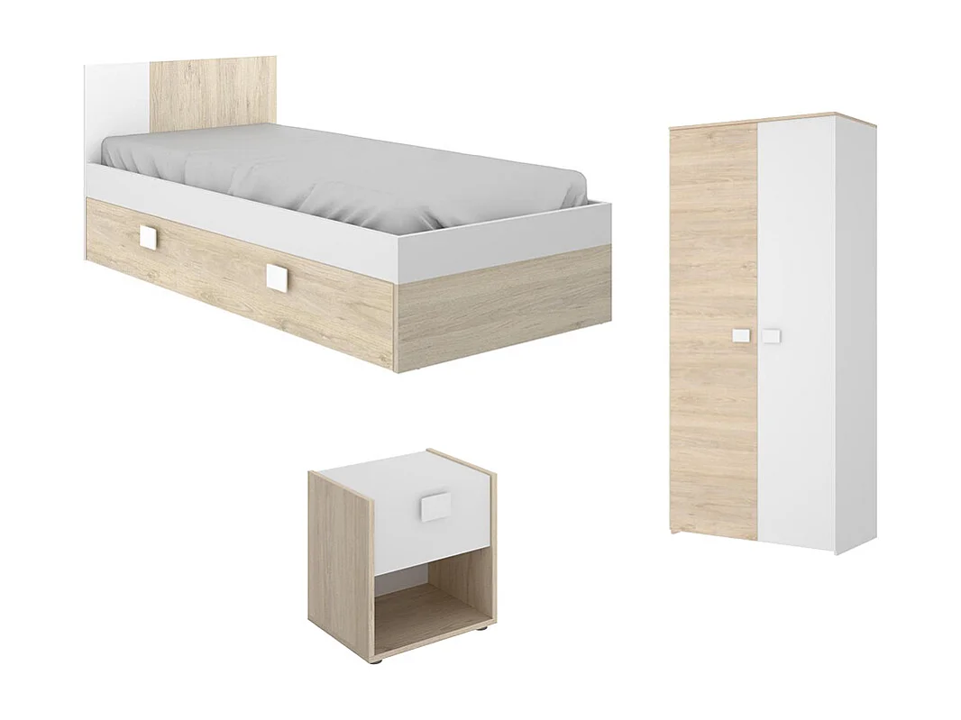 Set "kinderkamer" SONIA: Uitschuifbed 90x190cm + nachtkastje + kast - Eikenkleur en wit