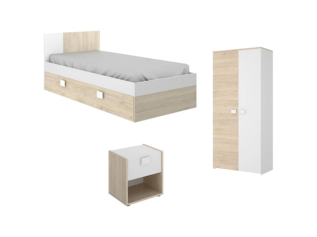 Kinderzimmer-Set mit Ausziehbett 90 x 190 cm - 3 Produkte - Holzfarben und Weiß - SONIA