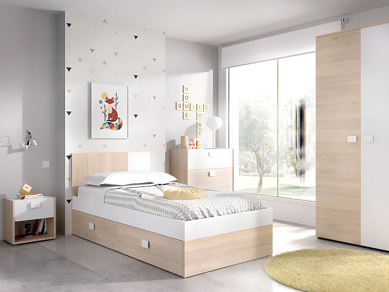 Conjunto DORMITORIO INFANTIL - Colección SONIA - Cama 90 x 190 cm + Mesa de noche + Armario