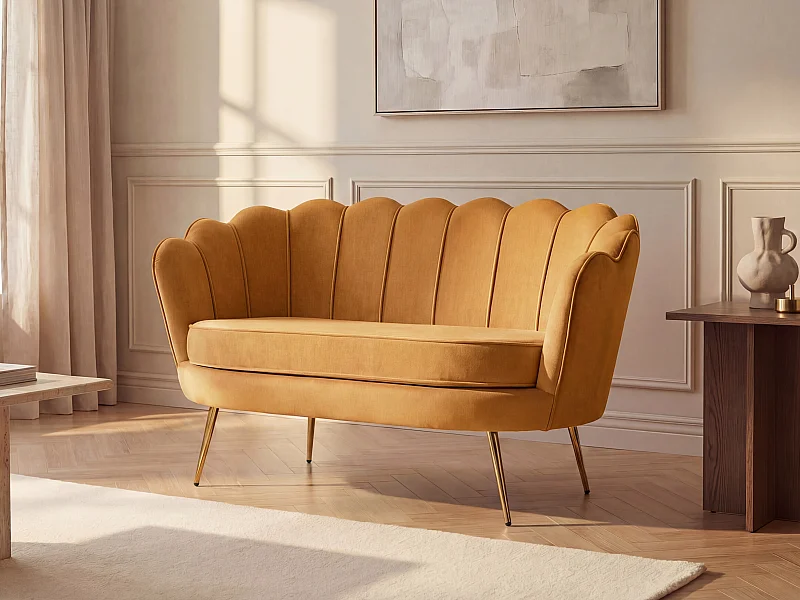 Tweezitsbank in schelpvorm van fluweel - Mosterdgeel - DANDELION - van Pascal Morabito