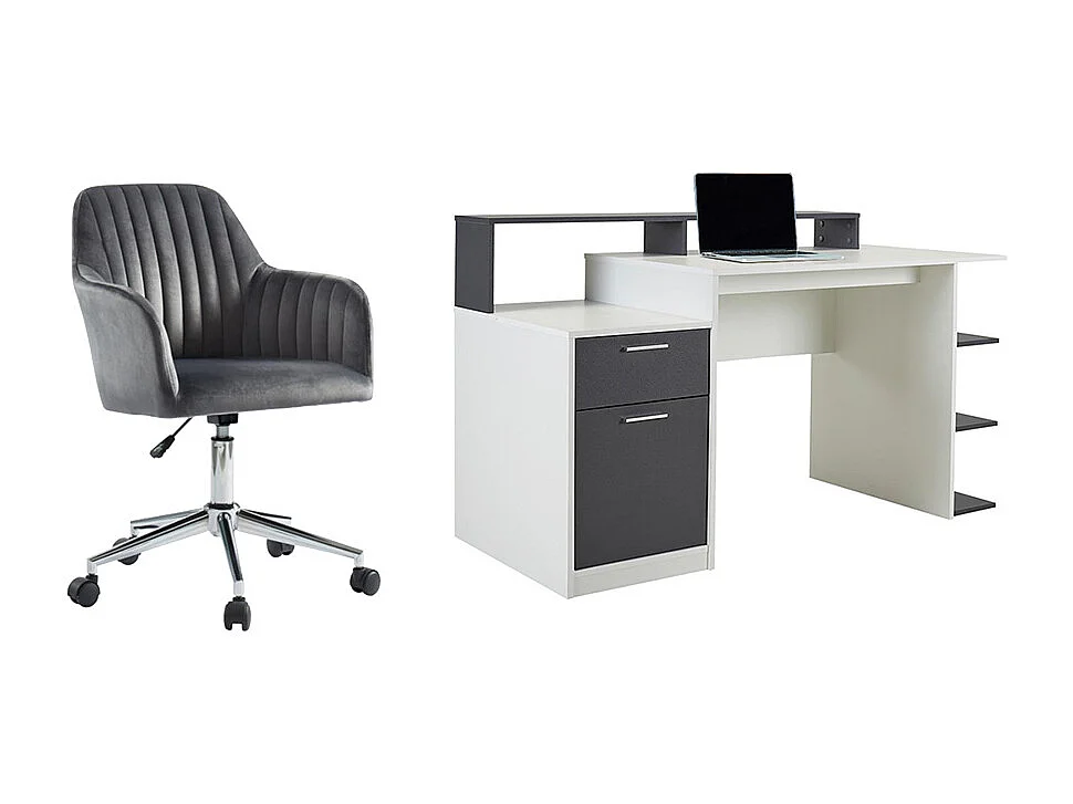Ensemble bureau avec rangements - Blanc et gris +  Chaise de bureau - ZACHARIE