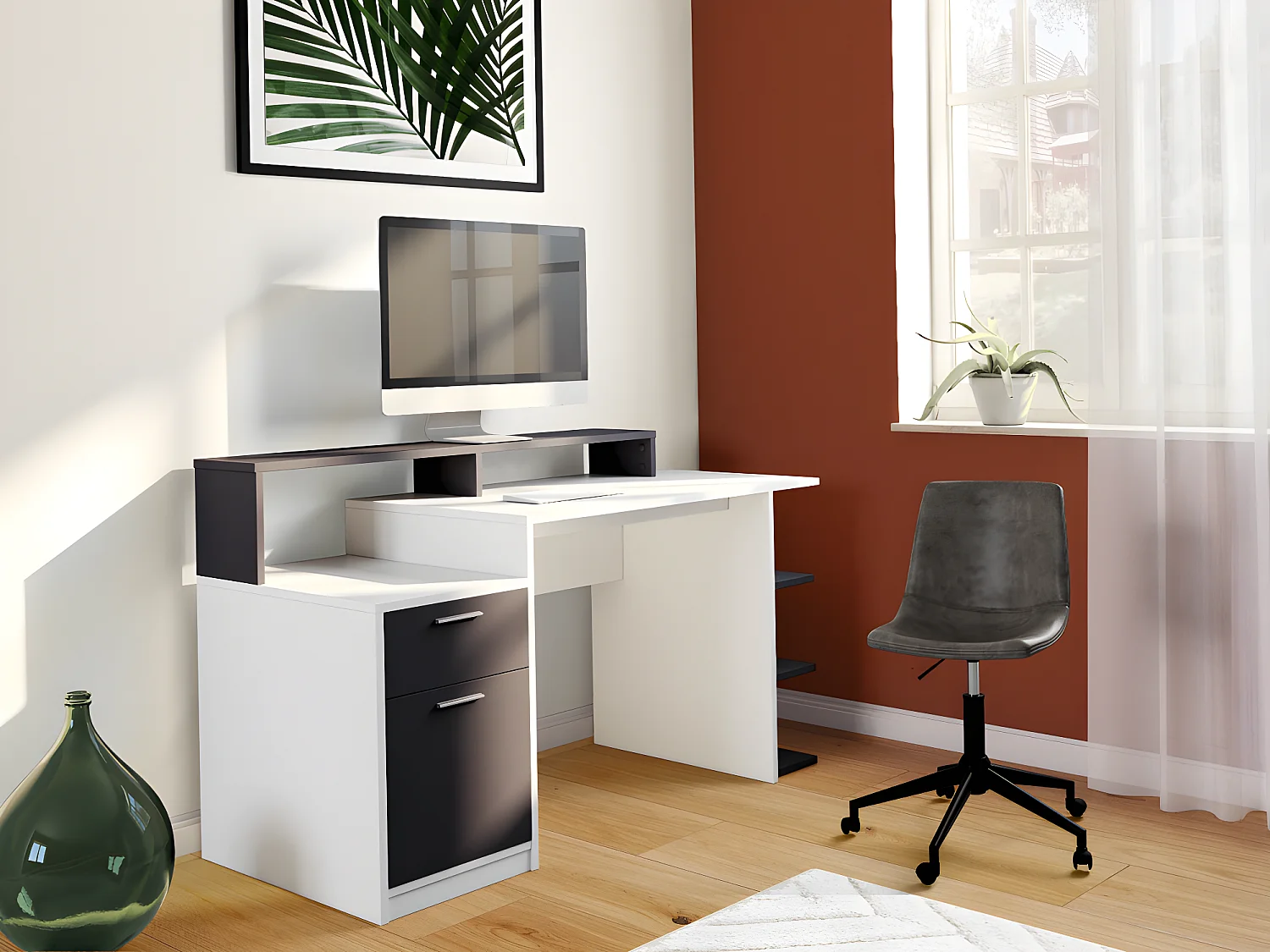 Ensemble bureau avec rangements - Blanc et gris +  Chaise de bureau - ZACHARIE