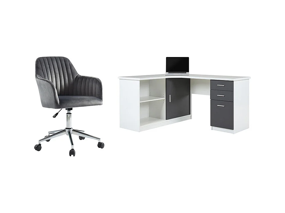 Ensemble bureau d'angle - Blanc et gris + Chaise de bureau - NORWY