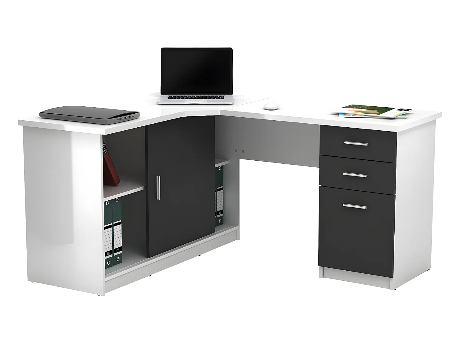 Ensemble bureau d'angle - Blanc et gris + Chaise de bureau - NORWY