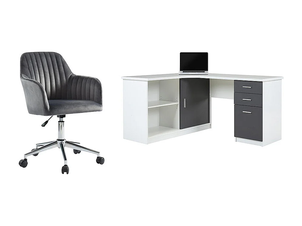 Ensemble bureau d'angle - Blanc et gris + Chaise de bureau - NORWY