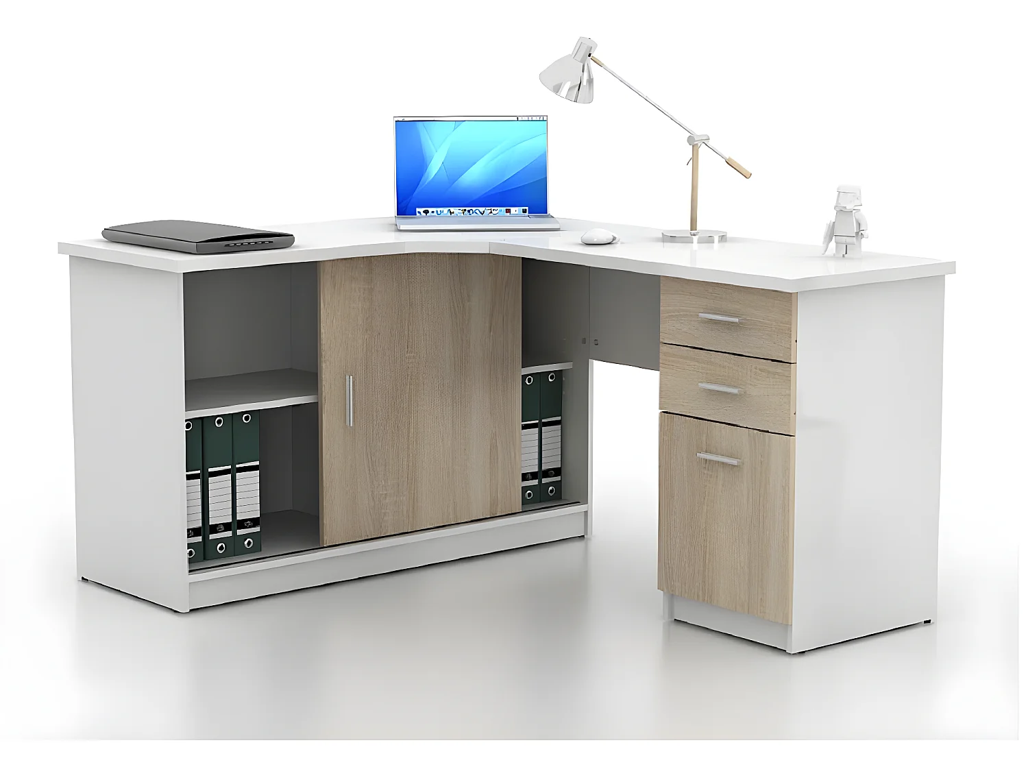 Sparset: Schreibtisch + Bürostuhl - Weiß & Eichefarben - NORWY