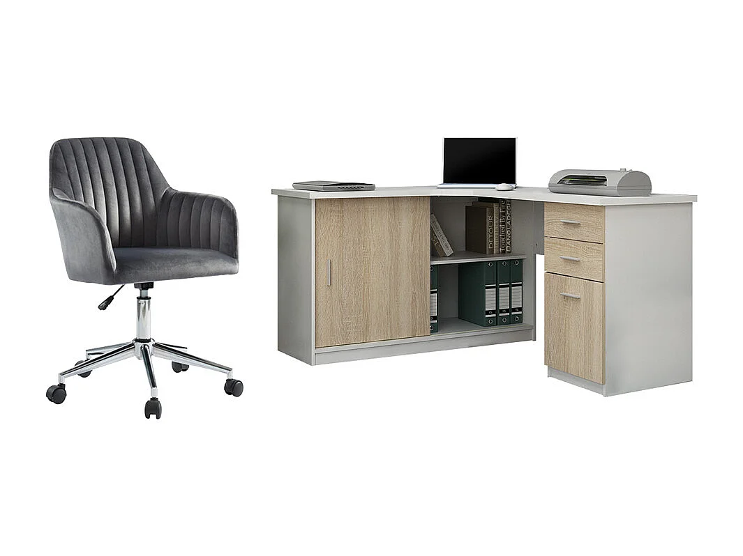 Sparset: Schreibtisch + Bürostuhl - Weiß & Eichefarben - NORWY