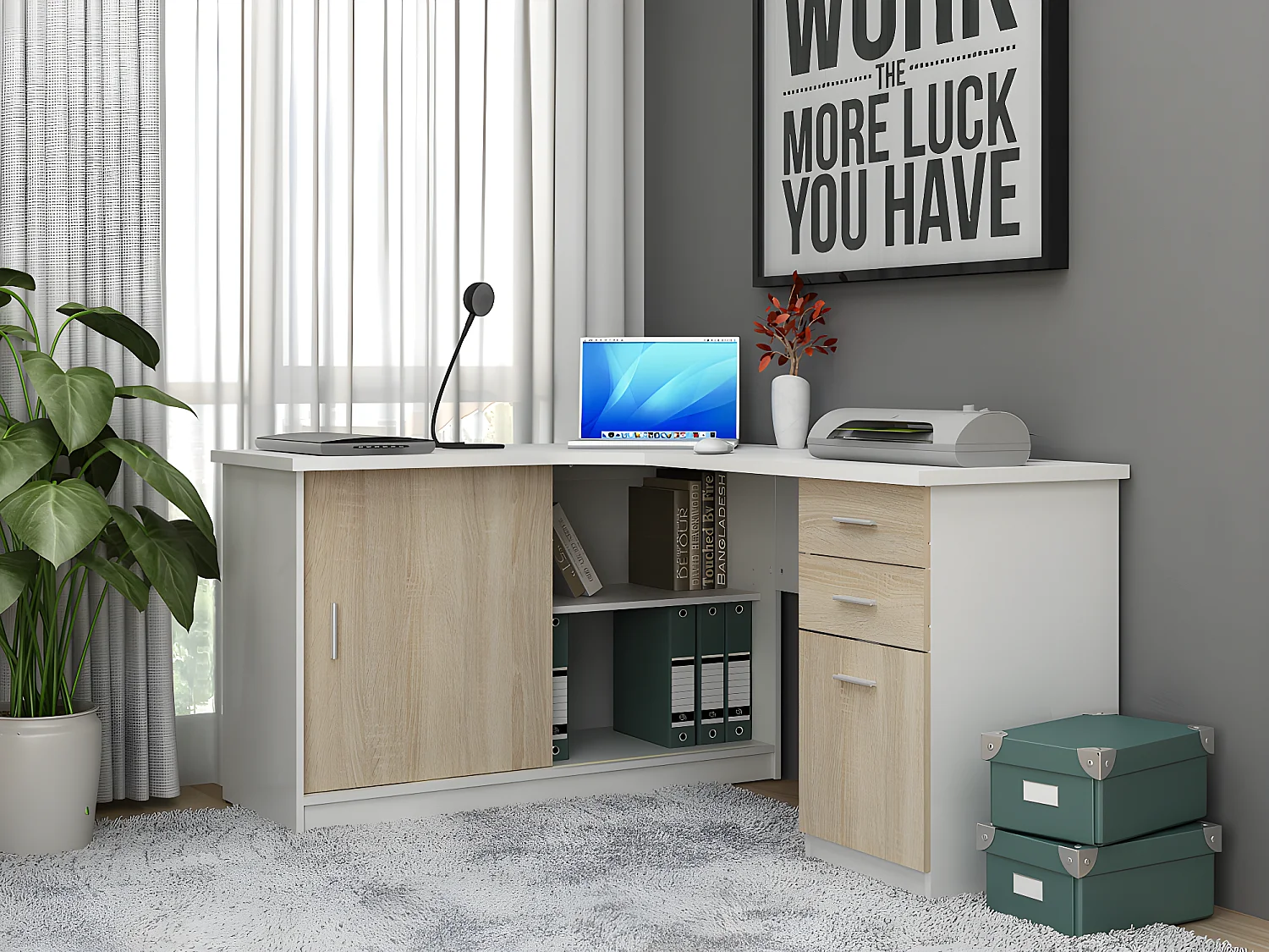 Ensemble bureau d'angle - Blanc et naturel + Chaise de bureau - NORWY