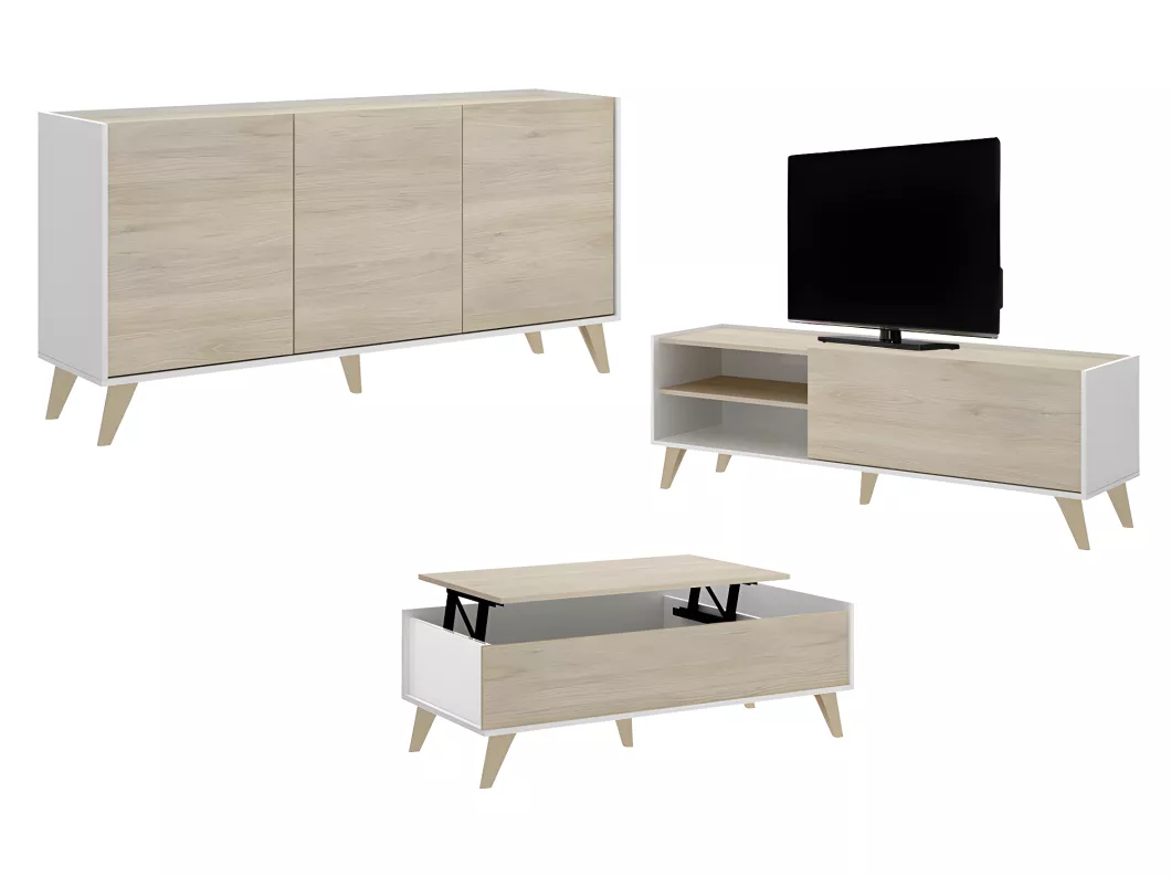 Kauf Unique Sparset: Couchtisch + TV-Möbel + Sideboard - Weiß & Eichefarben - KOLYMA