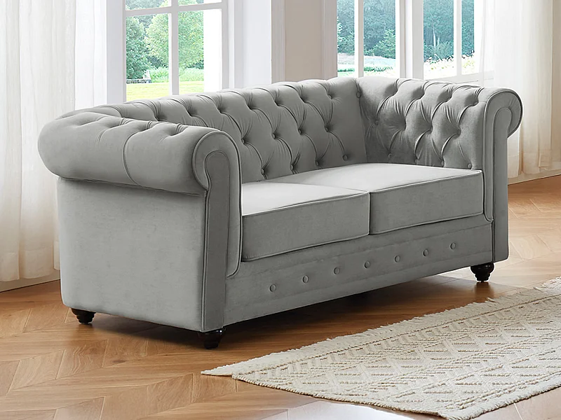 Canapé 2 places CHESTERFIELD - Velours gris clair