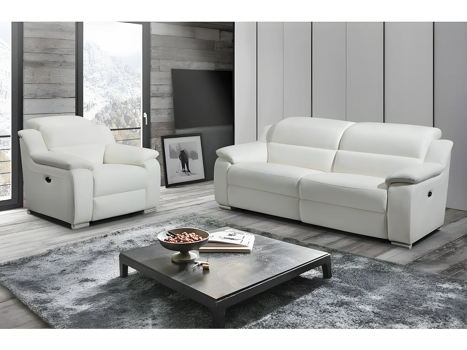 Canapé 3 places et fauteuil relax électrique en cuir blanc ARENA III