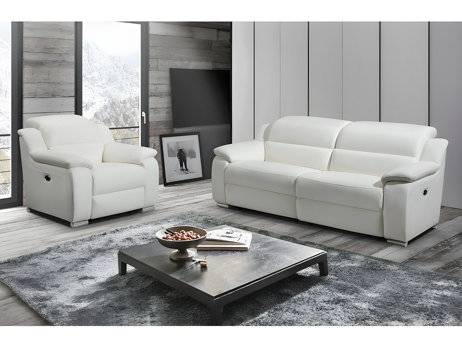 Vente-unique Couchgarnitur Mit Relaxfunktion - Leder - Elfenbeinfarben - Arena Iii