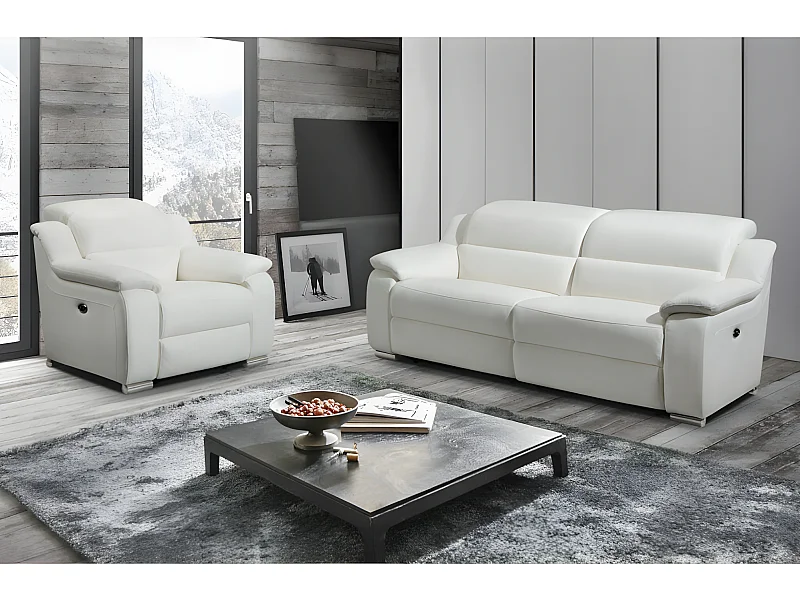Canapé 3 places et fauteuil relax électrique en cuir blanc ARENA III