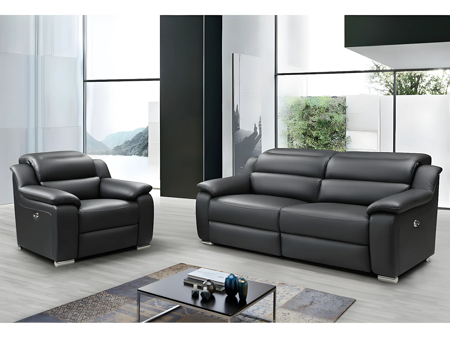 Canapé 3 places et fauteuil relax électrique en cuir noir ARENA III