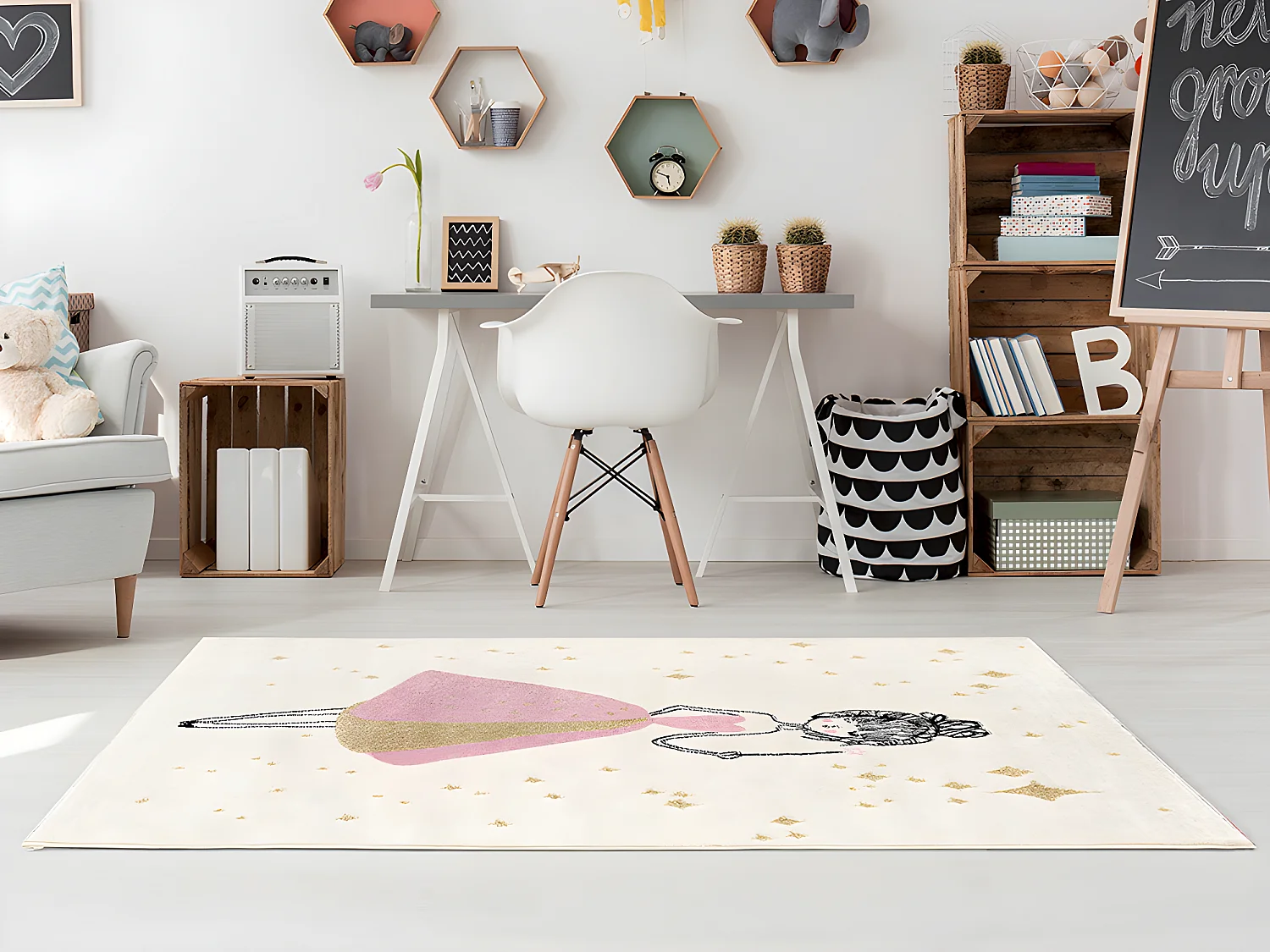 Kinderteppich mit Feenmotif - 120 x 170 cm - Elfenbein  & Rosa - ARIEL