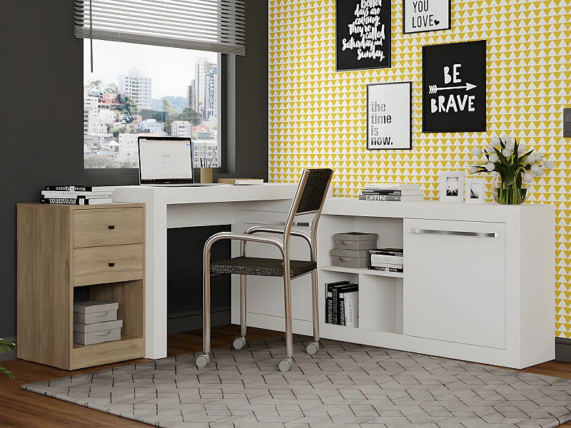 Bureau d'angle - 2 tiroirs et 2 portes - Coloris : Blanc et chêne - EVAN