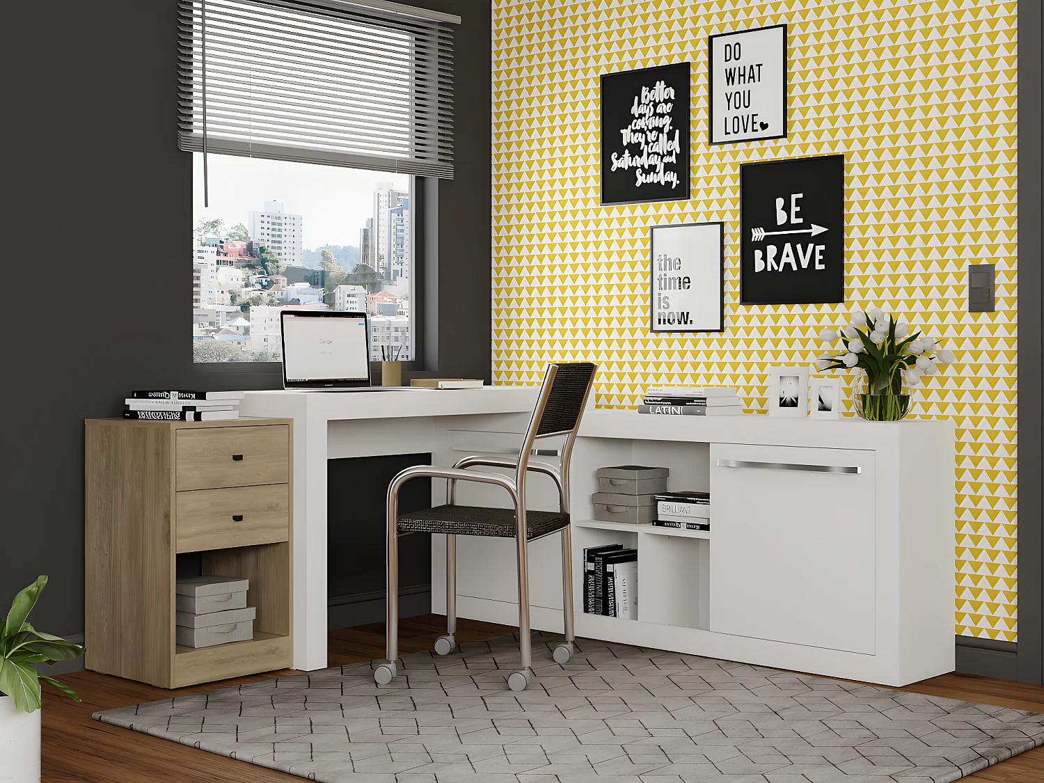 Bureau d'angle - 2 tiroirs et 2 portes - Coloris : Blanc et chêne - EVAN