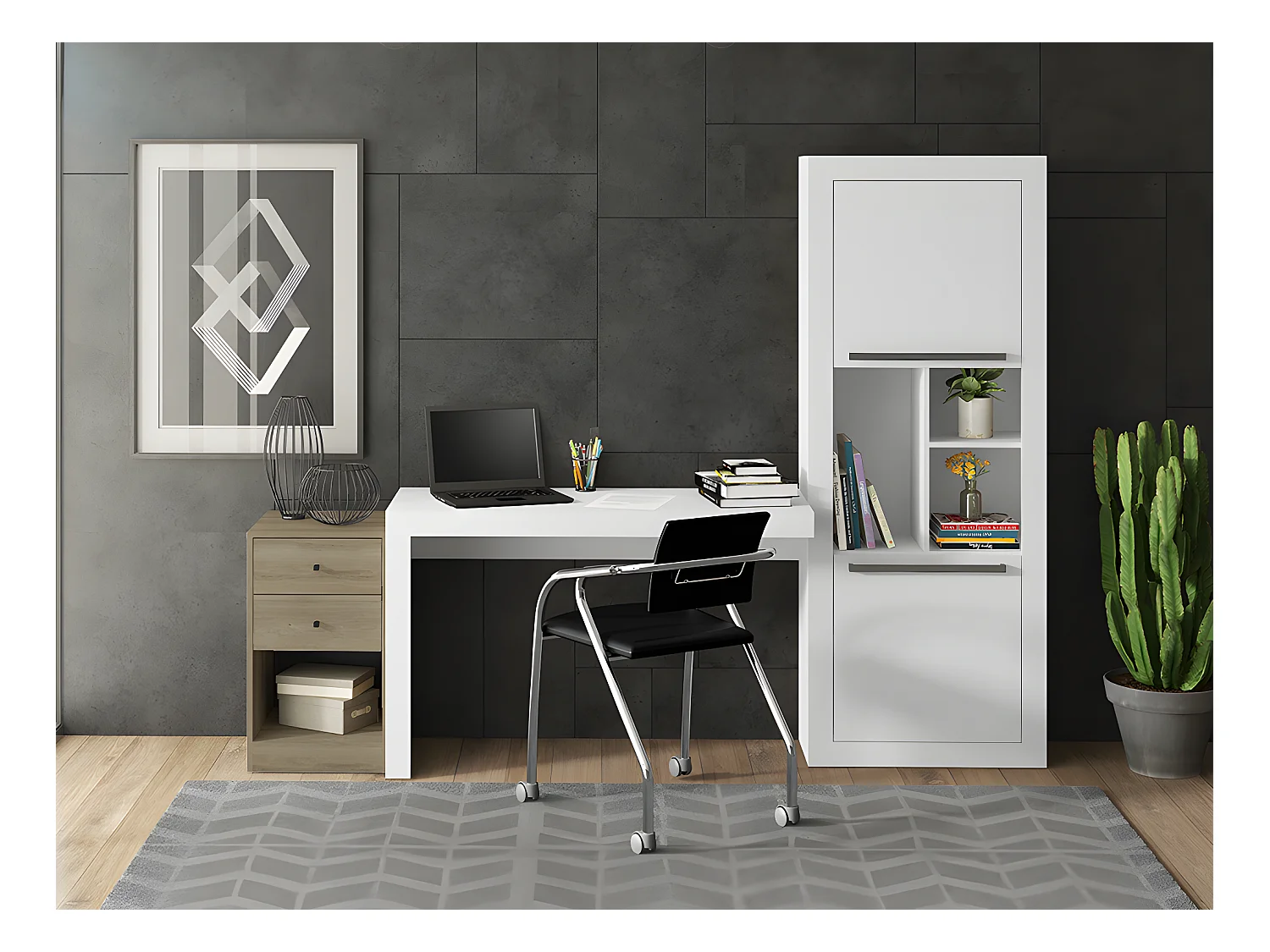 Hjørneskrivebord - 2 skuffer og 2 låger - Farve: Hvid og eg - EVAN