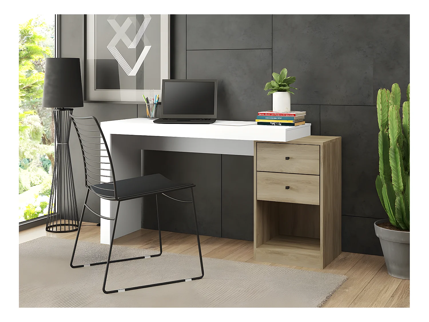 Hjørneskrivebord - 2 skuffer og 2 låger - Farve: Hvid og eg - EVAN