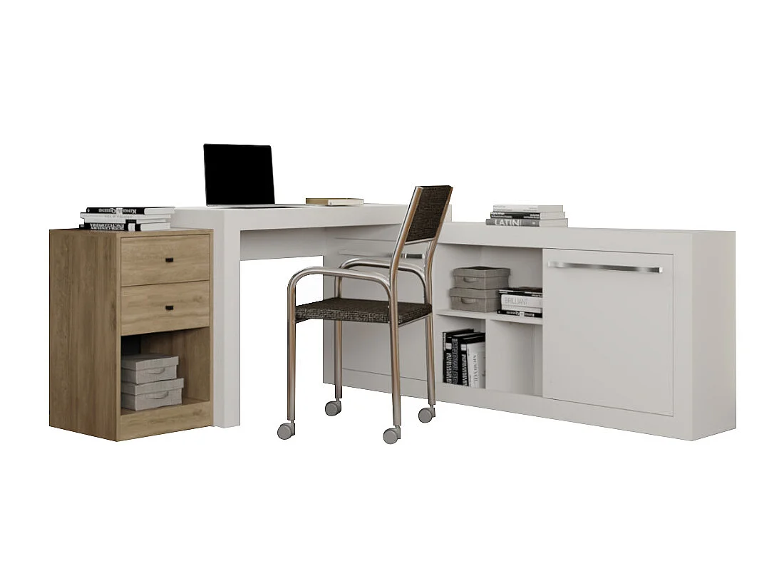 Escritorio rinconera - 2 cajones y 2 puertas - Color: blanco y roble - EVAN