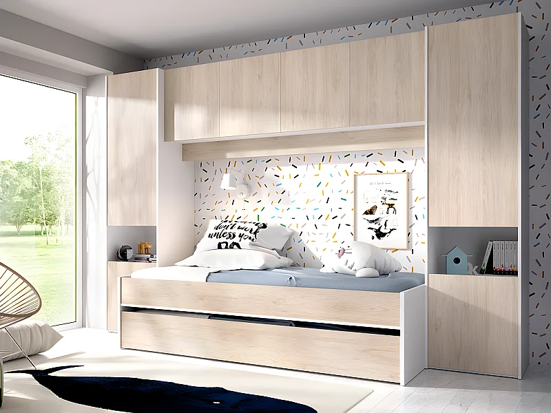 Uitschuifbed met ingebouwde kasten SELENA - 90 x 190cm - Eiken & wit + matras