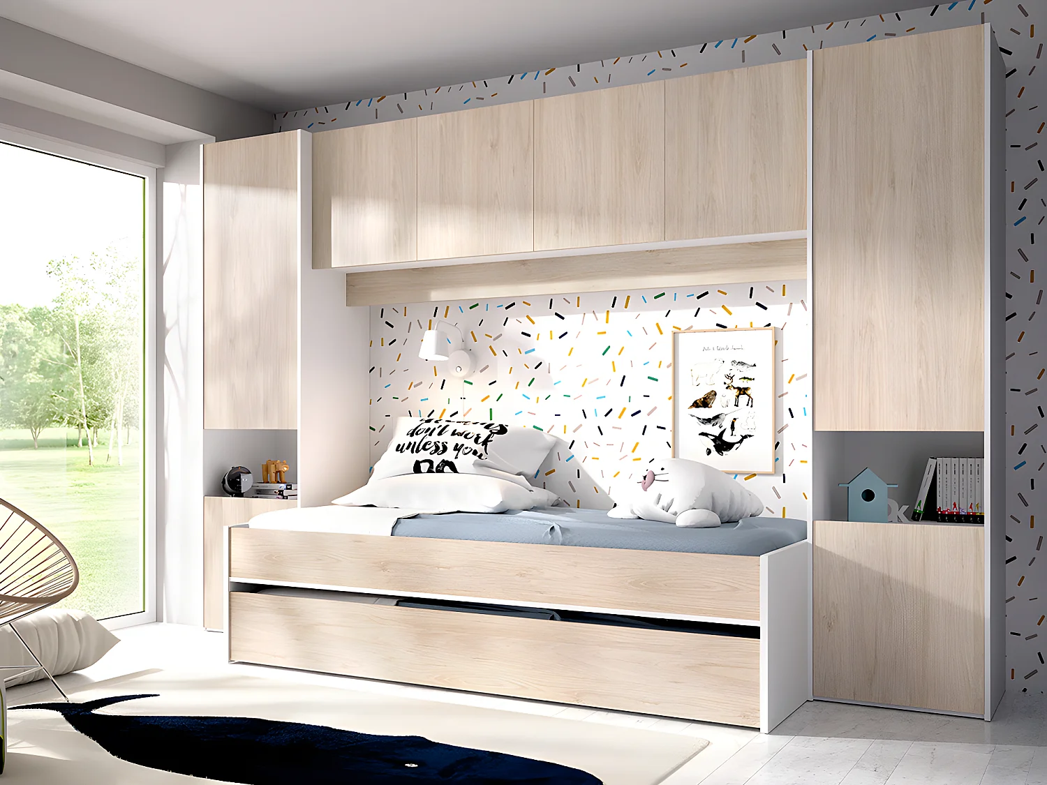 Lit gigogne avec pont de lit SELENA - 90 x 190 cm - Coloris : chêne et blanc + Matelas