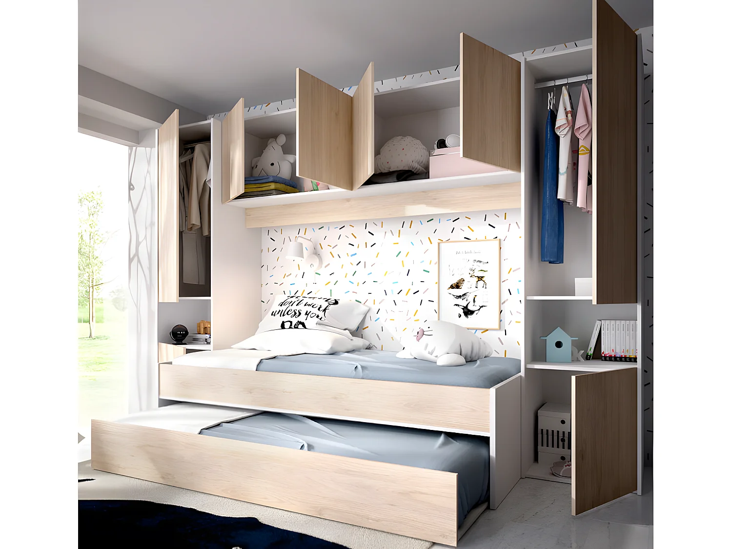 Lit gigogne avec pont de lit SELENA - 90 x 190 cm - Coloris : chêne et blanc + Matelas