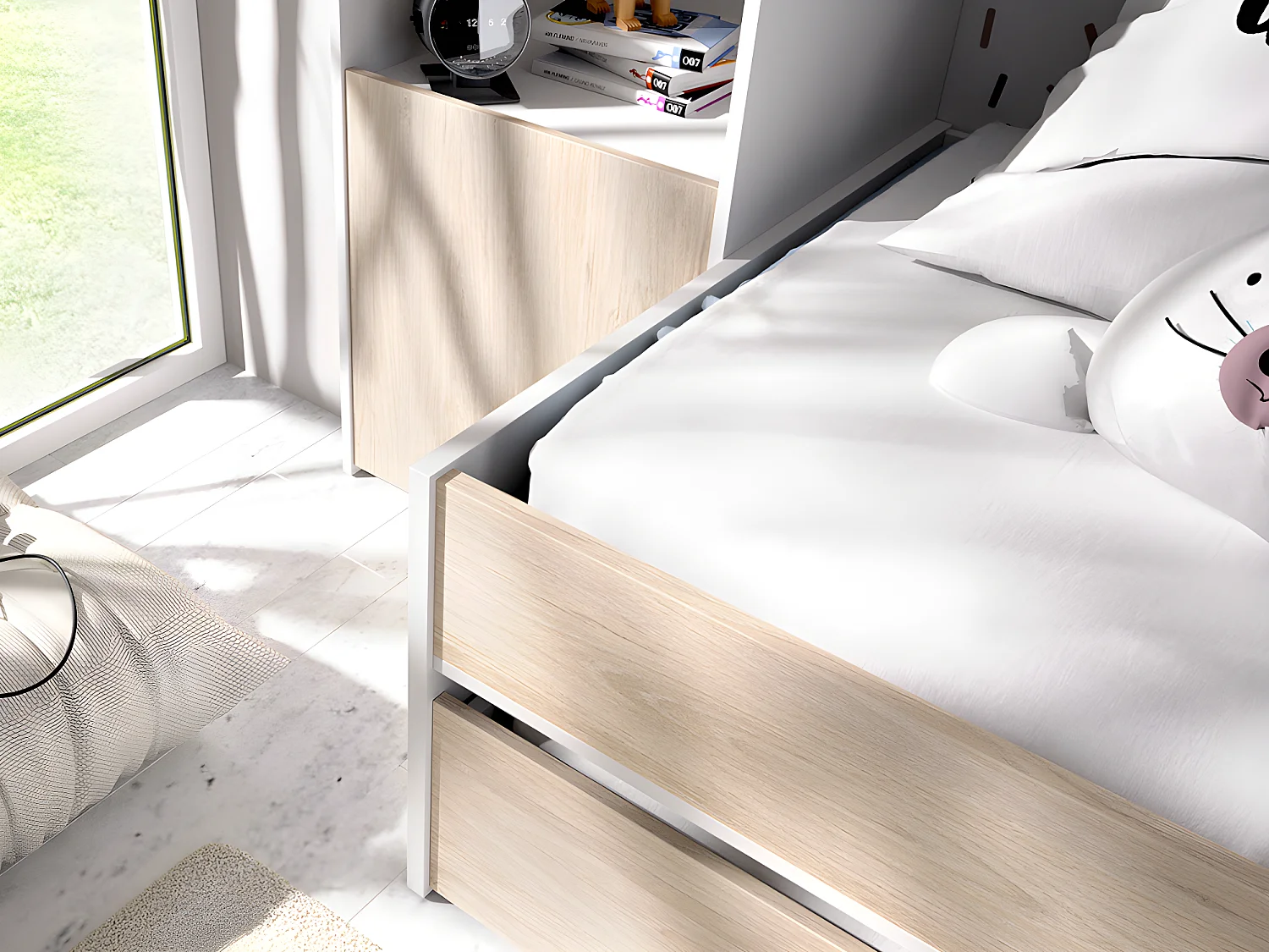 Lit gigogne avec pont de lit SELENA - 90 x 190 cm - Coloris : chêne et blanc + Matelas