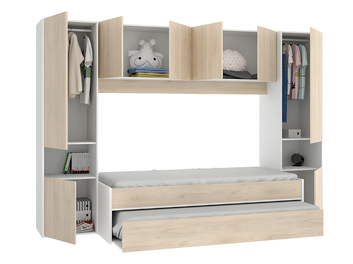 Lit gigogne avec pont de lit SELENA - 90 x 190 cm - Coloris : chêne et blanc + Matelas