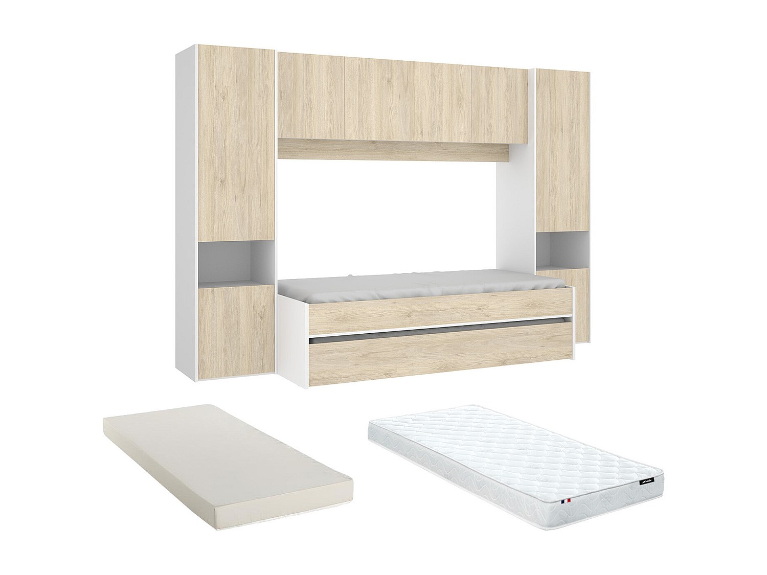 Ausziehbett mit Bettbrücke + Matratzen - 90 x 190 cm - Eichefarben & Weiß - günstig online kaufen