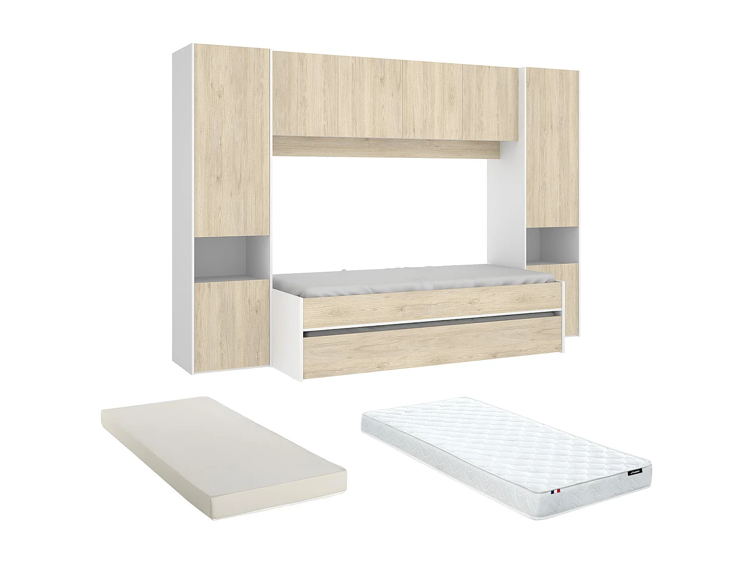 Lit gigogne avec pont de lit SELENA - 90 x 190 cm - Coloris : chêne et blanc + Matelas